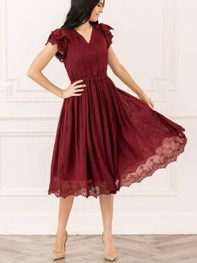 Rachel Parcell Burgundy Ruffle Sleeve Midi Dress - Size XS